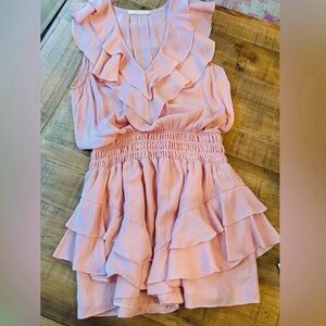 Mustard Seed Ruffled Mini Dress. Smocked Waist Women’s Sz-L. Silky | Coral EUC